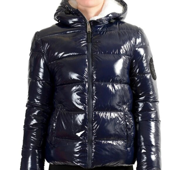 Plein Sport Women's Navy Reversible Sherpa Logo Print Parka Jacket US 2XL IT 48
